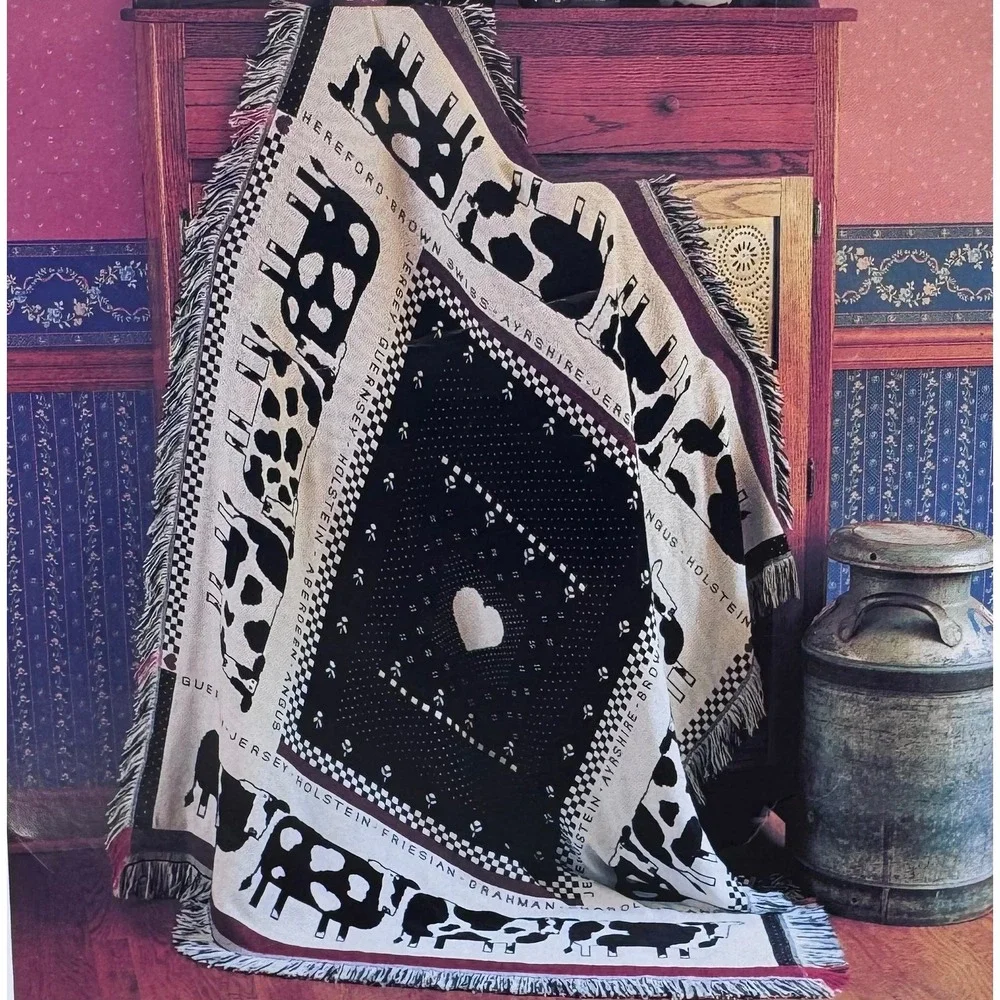 Vintage Heritage Blanket Throw Pat‎ Meyers Farmhouse Cow Heart Woven USA New